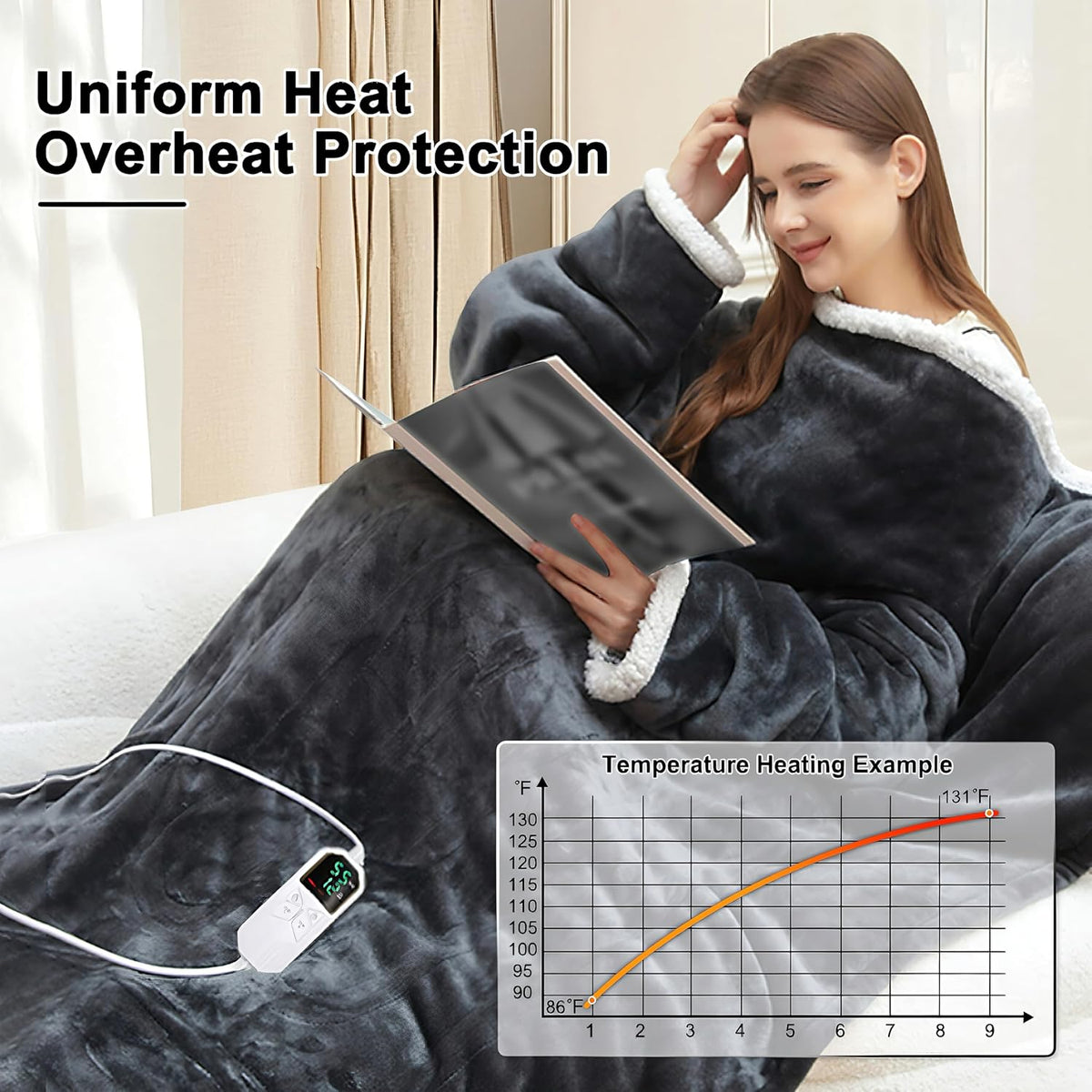 Luxury Electric Wearable Heated Blanket Throw with Sleeves & Controller